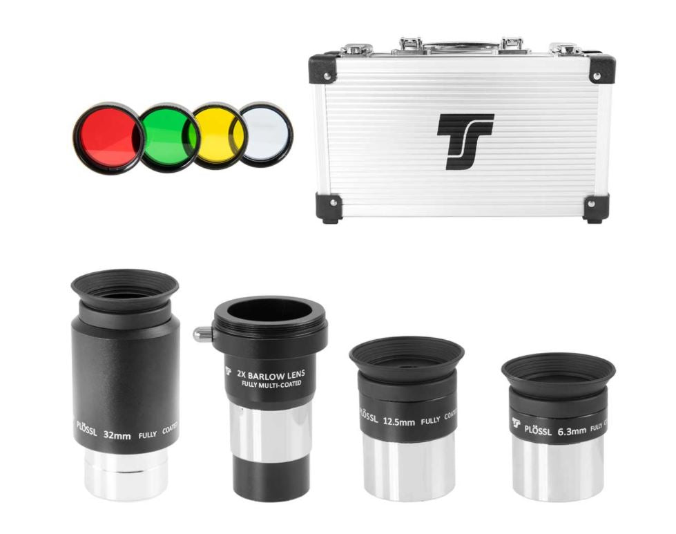 TS-Optics 1.25" 8 pc Eyepiece, filter and Barlow Lens set with Metal Case