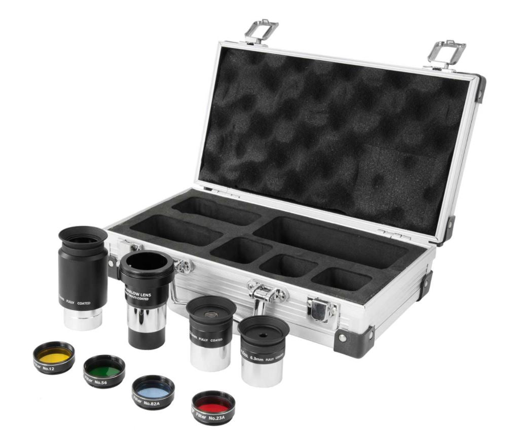 TS-Optics 1.25" 8 pc Eyepiece, filter and Barlow Lens set with Metal Case